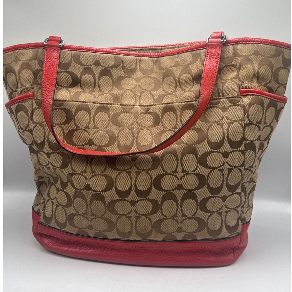 Coach Taylor Signature Tote Khaki Red Leather Trim Shoulder Bag F23295 - Picture 5 of 8